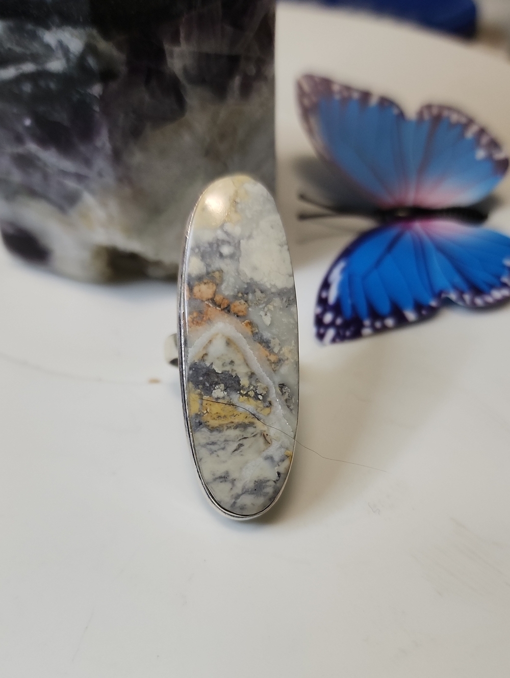 Oval Maligano Jasper Statement Ring in Cream and Gray